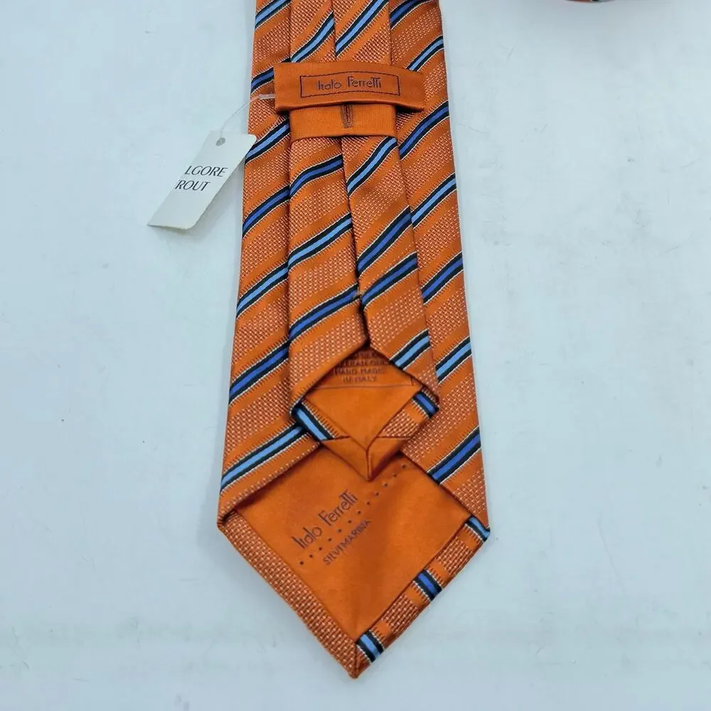 NWT ITALO FERRETTI Silk Orange & Blue Striped Neck Tie